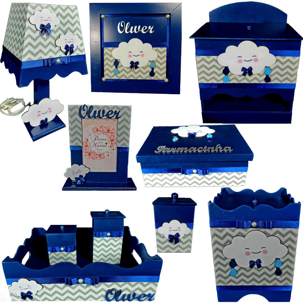 Kit Higiene bebê Mdf 10 peças - CHUVA DE AMOR AZUL MARINHO COM CHEVRON CINZA