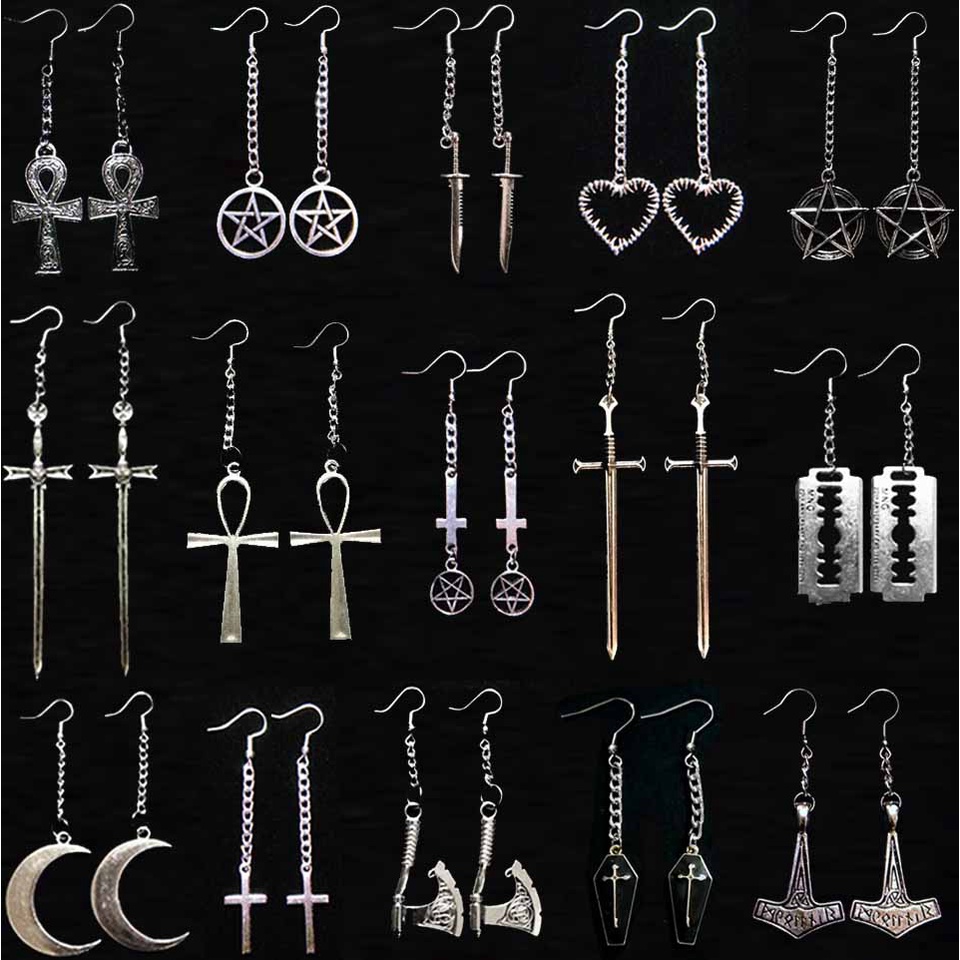 Brinco de Metal: Espada, Machado, Pentagrama, Lua, Caveira, Gótico, Viking, Ankh...
