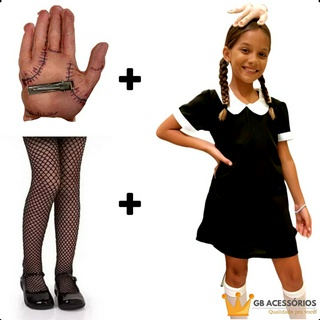 Fantasia Wandinha Addams Infantil Completa Meia Calça e Mãozinha - Envio Imediato