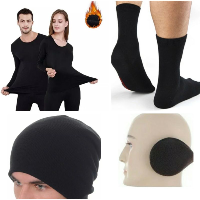 Kit Roupa Térmica 5 Peças1 Blusa1 Calça 1 Aquecedor de orelha1 Touca 1 Par Meia Masculino Feminina Adulto Flanelado