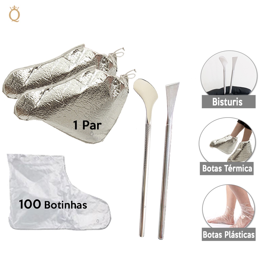 Kit Plástica dos Pés Bota Térmica + Botas Plásticas + Espátula Bisturi 222 e 483 Calosidade Spa dos Pés