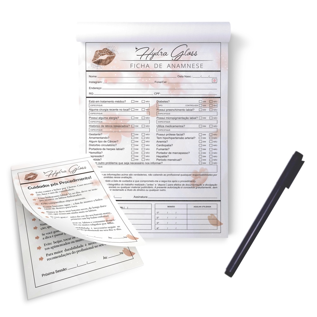 Kit Bloco Ficha De Anamnese + Cuidados Hydra Gloss / Hydragloss Lips em Oferta na Shopee