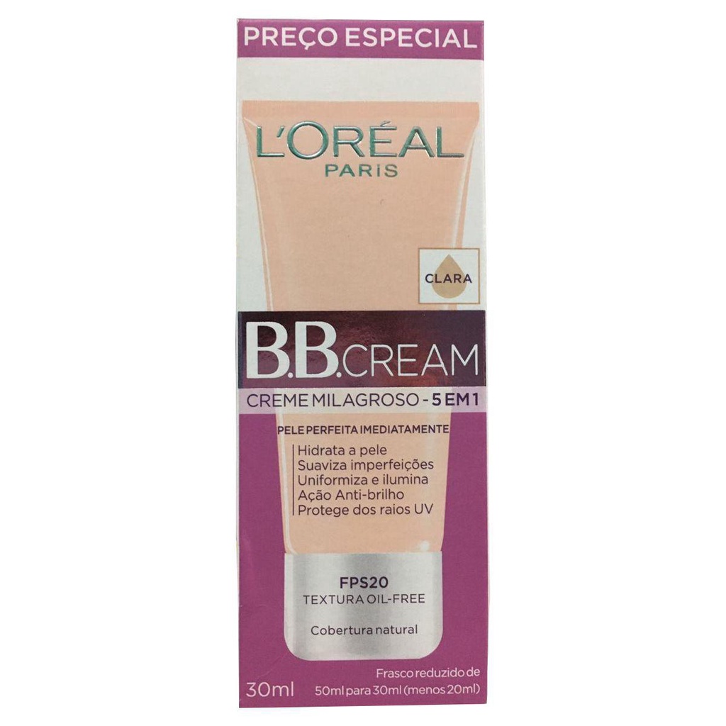 BB Cream Loreal Base Clara FPS20 Milagroso 5 em 1 Pele Anti Brilho sem Óleo 30mL
