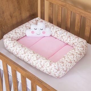 Ninho Redutor de Berço Floral Raminho Rosa + Almofadinha Quarto do Bebê Menina Almofada