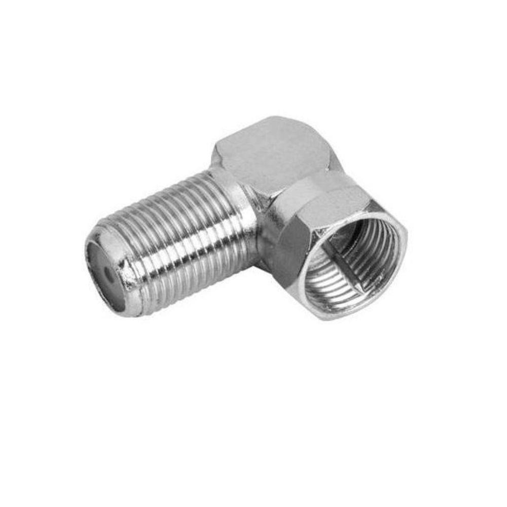 Conector F Macho x F Fêmea (coaxial rosca). Angulado 90 Graus. Conexão Coaxial. Niquelada. Conector todo em metal.