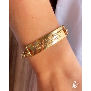 Pulseira Elo Português Grosso Placa Tudo Posso Naquele Que Me Fortalece Feminino Semi Jóia