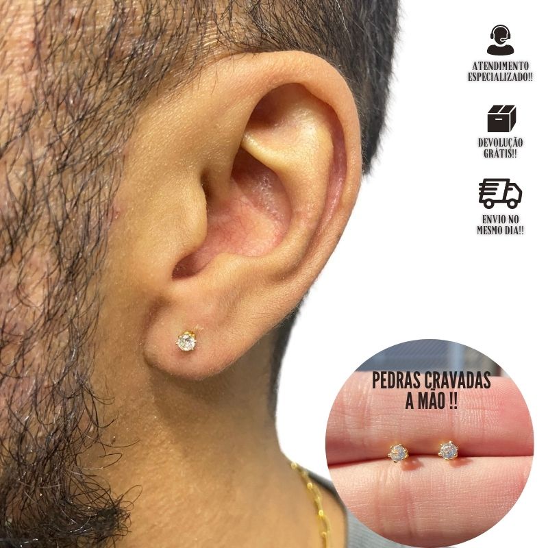 Brinco Masculino de Ouro 24k Brinco Brilhante Cravejado Banhado a Ouro