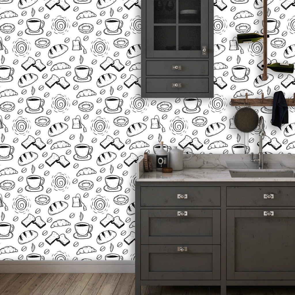 Papel De Parede Café Aréa Gourmet Adesivo Cozinha Preto e Branco Adesivo Lavável 3 Metros