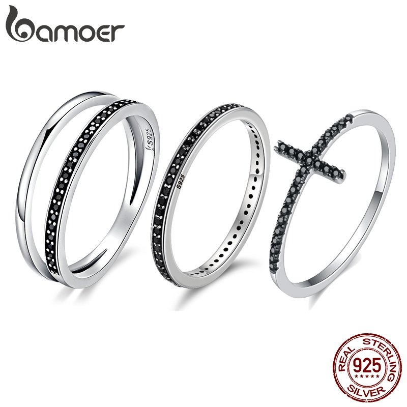Anéis Bamoer 925 Formato De Cruz De Fé De Prata Para Mulheres Jóias De Zircônia Preta Presente em Oferta na Shopee