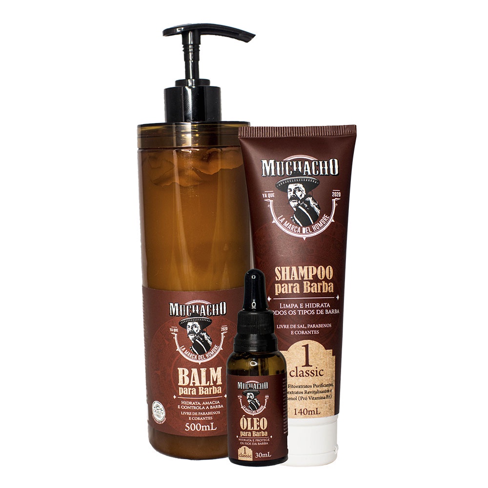 Kit Shampoo para Barba + Balm para Barba 500g + Oleo para Barba - Muchacho Classic