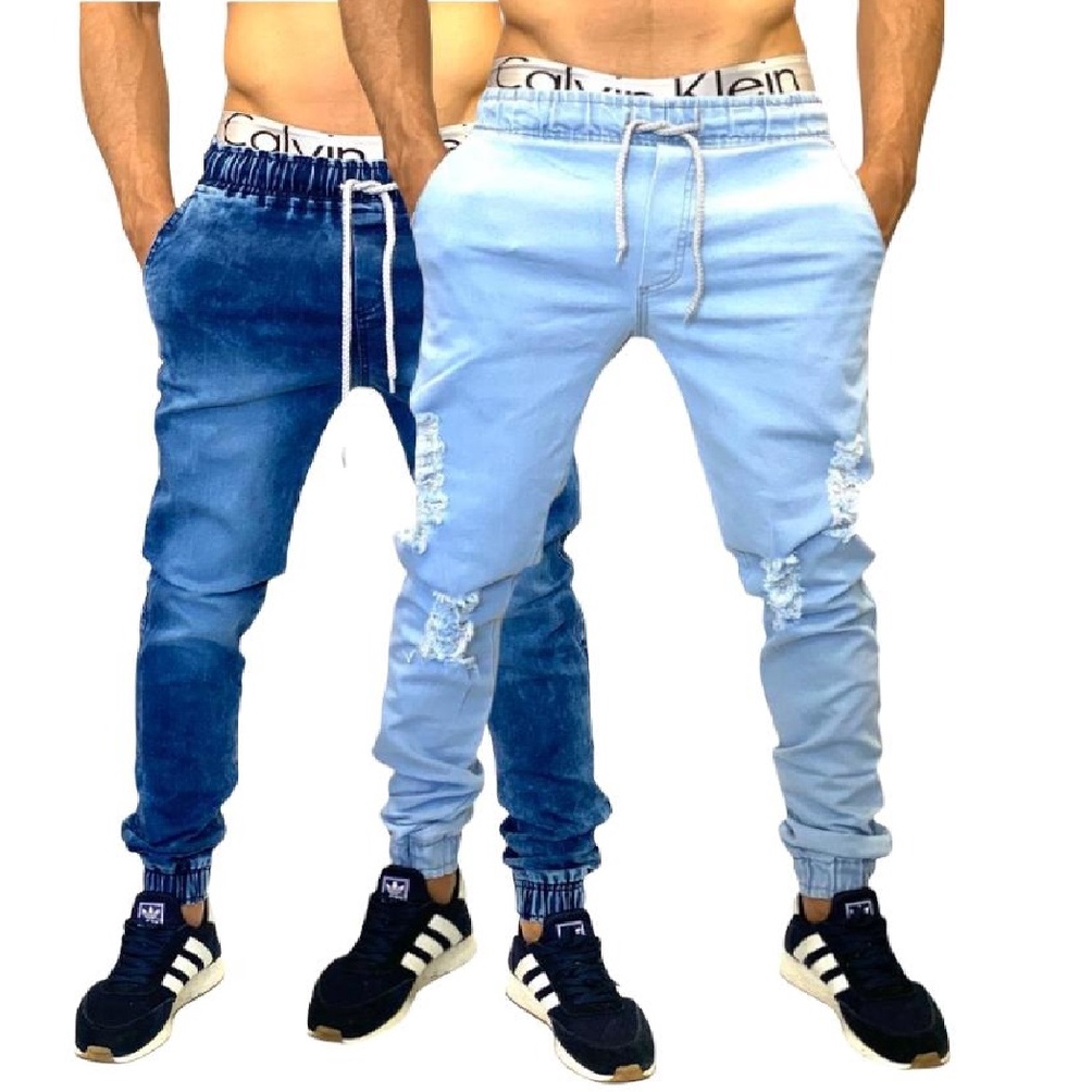 calça masculina Jeans jogger clara rasgada e lisa sarja kit com 2 peças Preta Clara Escura Camuflada