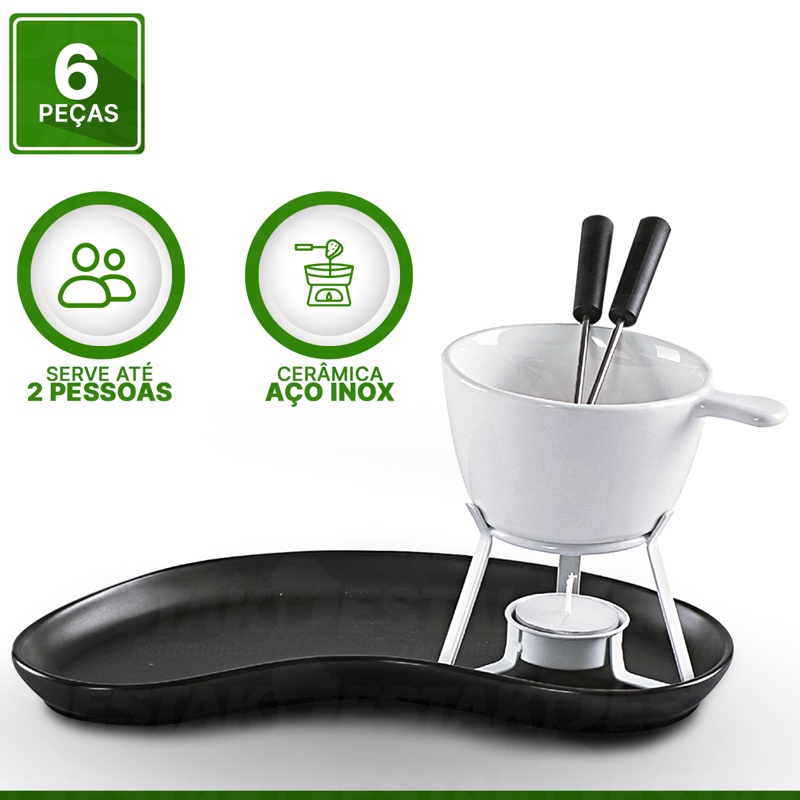 Conjunto Fondue Genk 6 Peças Panela Fundi Aço Inox Cerâmica Para Chocolate E Queijo - Western