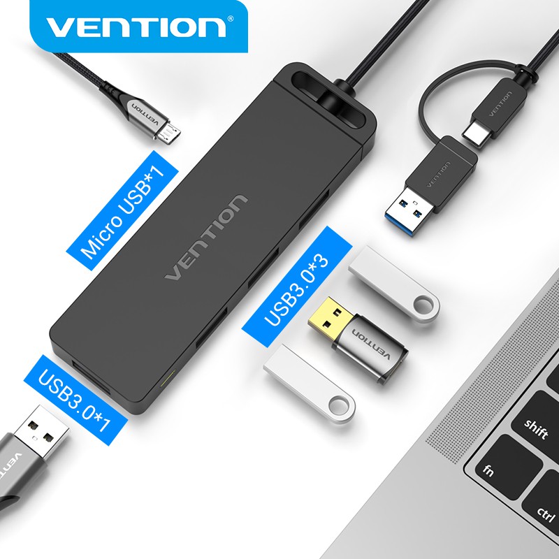 Vention Usb3.0 & Interface Usb 2 Em 1 Para 4 Portas Usb 3.0 Hub De Alta Velocidade 5gbps Mirco-Usb Para Pc / Laptop