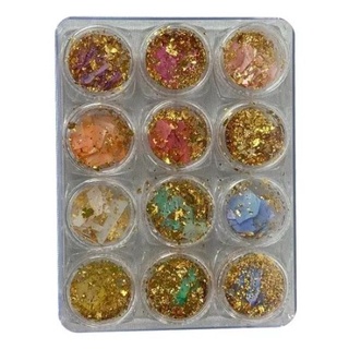 Kit 12 Madre Pérola Com Fio de Ouro Decoração Unhas Acrigel