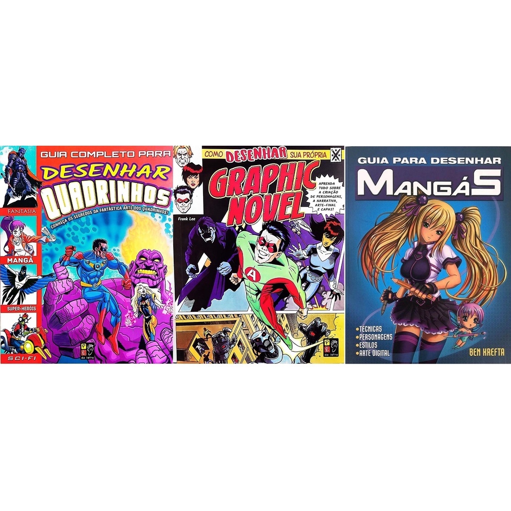 Kit C/ 3 Livros - Guia Como Desenhar Mangá Quadrinhos Hq E Graphic Novel