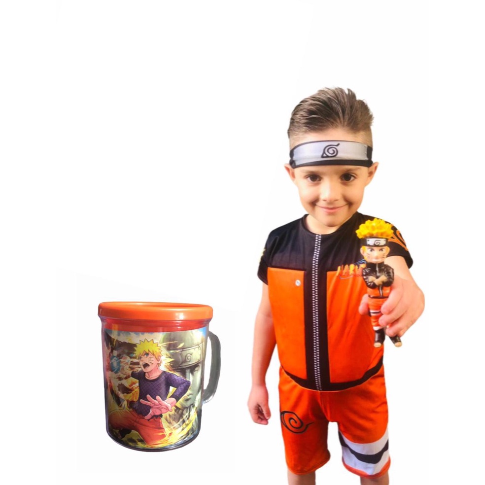 Fantasia Do Naruto Infantil Uzumaki C/ Bandana Enchimento Boneco E Copo