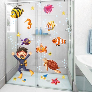 Adesivo Para Box De Banheiro Infantil Fundo Do Mar Menino e Peixes