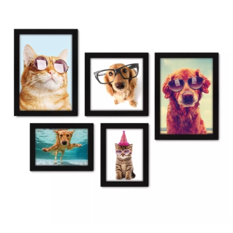 Quadros decorativos 5 peças - Pet Shop - Gatos - Cachorros - Animais - Veteriná Visu = 135
