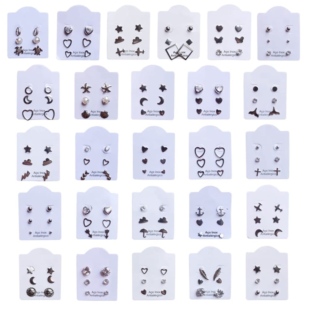 24 Pares Brinco Aço Inox Antialérgico Estrela Coração Zircônia  Modelos Variados Atacado 3 Furos Lote de Brincos em Oferta na Shopee