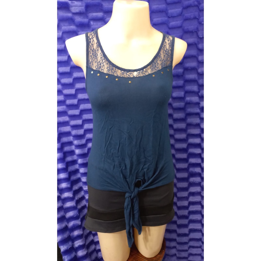 FS 286 - blusa regata feminina azul marinho, Marisa, confeccionada em viscose com elastano, amarração frontal, tamanho P