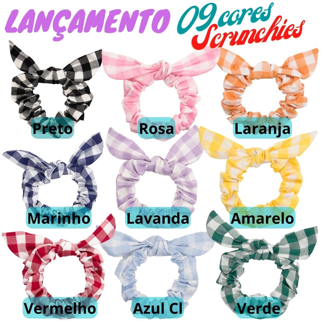 01 Scrunchie Vichy, Xadrez, Elástico, Rabicó, Xuxinha De Cabelo E Pulseira Holográfico