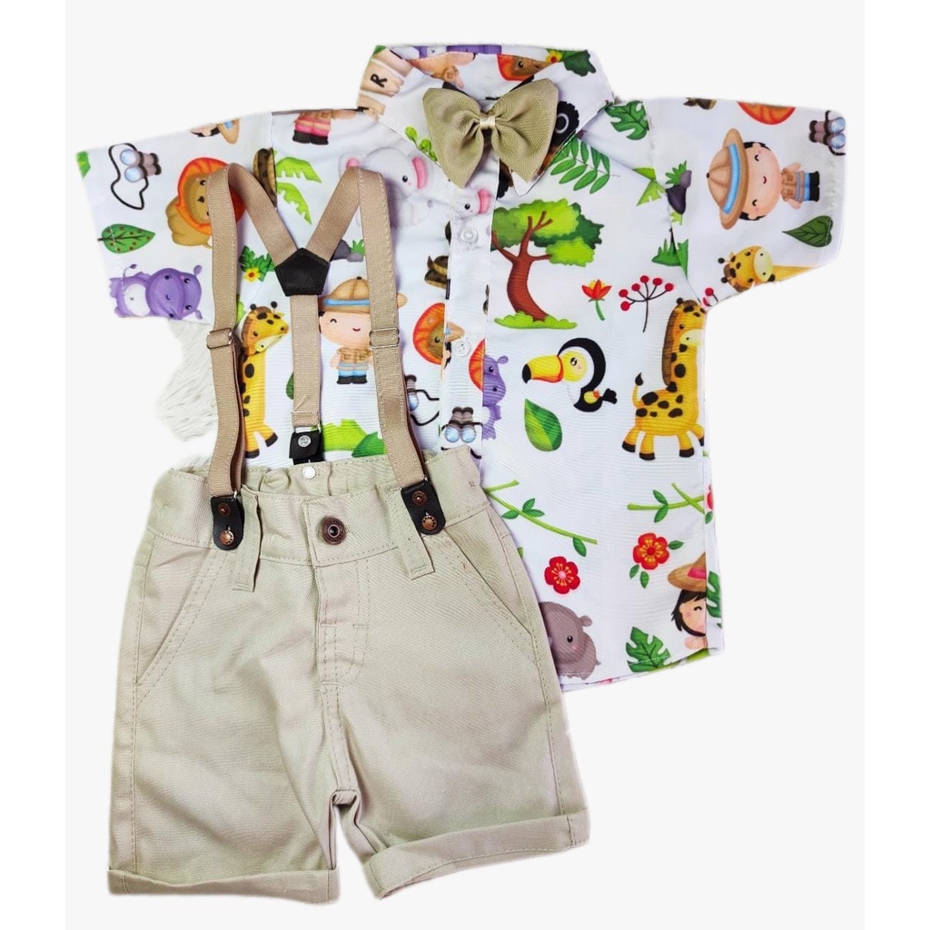 ROUPA SAFARI completa, camisa, gravata, bermuda e suspensório menino bebe