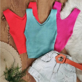 Cropped Princesa Tricot Modal Listrado Cores Tendência Blusa
