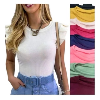 Blusa malha canelada manga babado de pregas