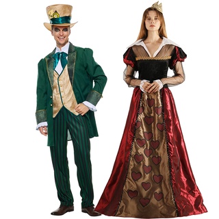 Fantasia masculina de Chapeleiro Maluco Deluxe 4 peças com jaqueta, pescoço, gravata, chapéu Casal adulto Alice no país das maravilhas Prince Princess Cosplay Outfit Vestir-se homem e mulher para festa de Halloween no palco