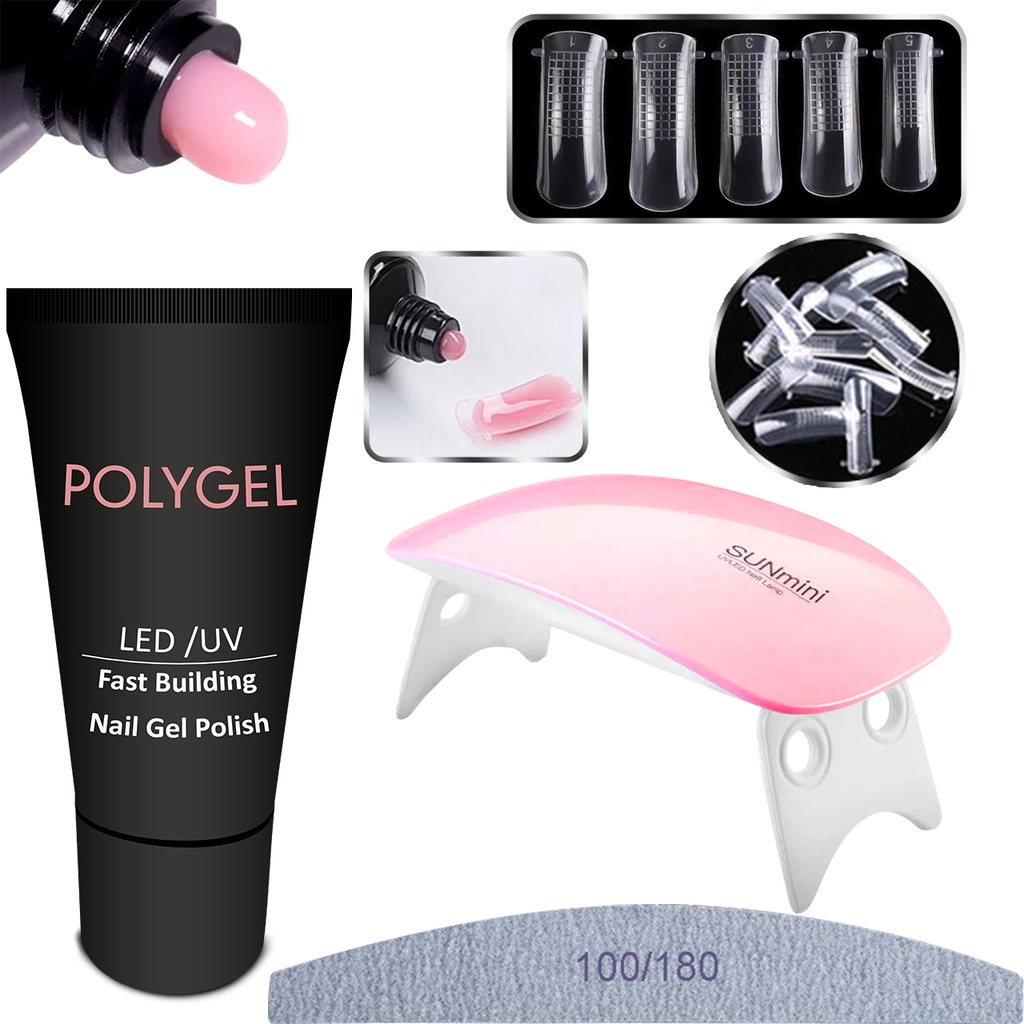 Kit Polygel Alongamento De Unha + Molde F1 + Lixa + Cabine Sun Mini Poligel Unhas