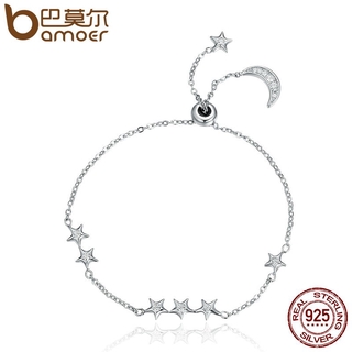 Bamoer New Arrival Genuine 925 Sterling Silver Sweet Whisper Of Moon & Star Limpar Cz Ligação Pulseira De Luxo Jóias De Prata Scb007