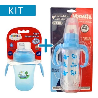 Kit Copo Bebê 240ml Com Bico de Silicone e Mamadeira de 240ml com Alça Mamita