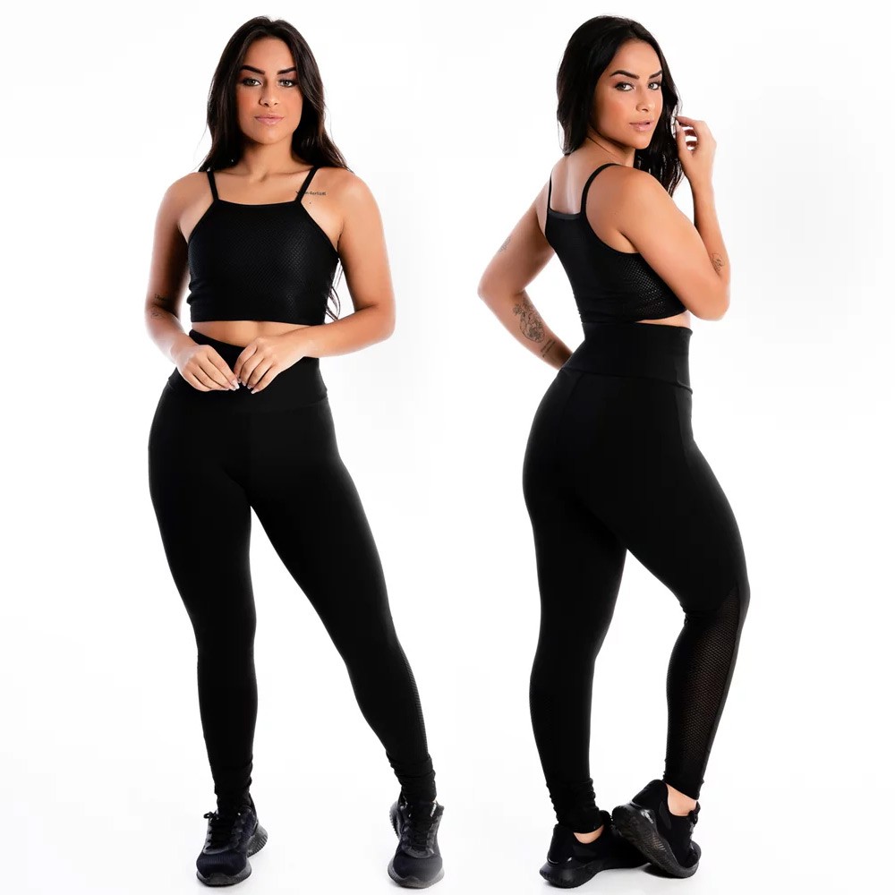 Conjunto Fitness Cropped e Calça Legging Academia Detalhe Tela Dry Preto Tecido Sem Transparência