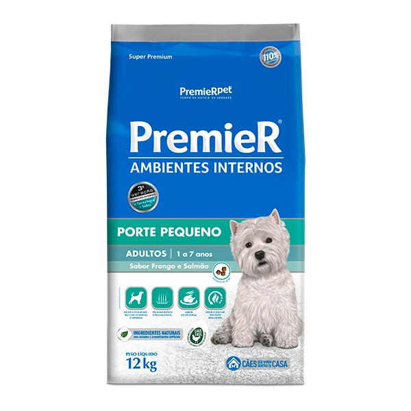 Ração Premier Ambientes Internos para Cães Adultos de Pequeno Porte Sabor Frango e Salmão - 12Kg - Pets