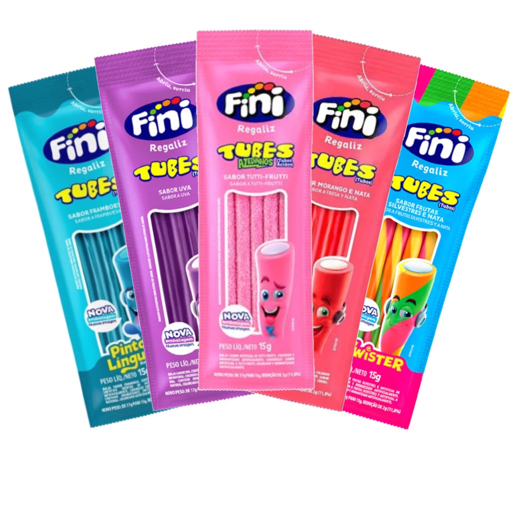 Bala Fini Tubes Unidade 15g Tutti Fruitt – Frutas Silvestres e Nata – Uva – Morango e Nata – Framboesa