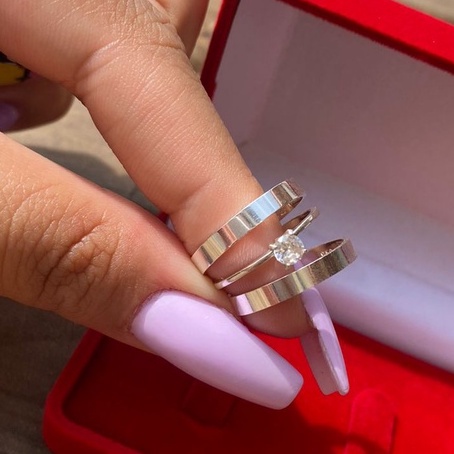 Par de Alianças de Prata 950 , namoro+ Anel solitario compromisso polida. + GRAVAÇÃO