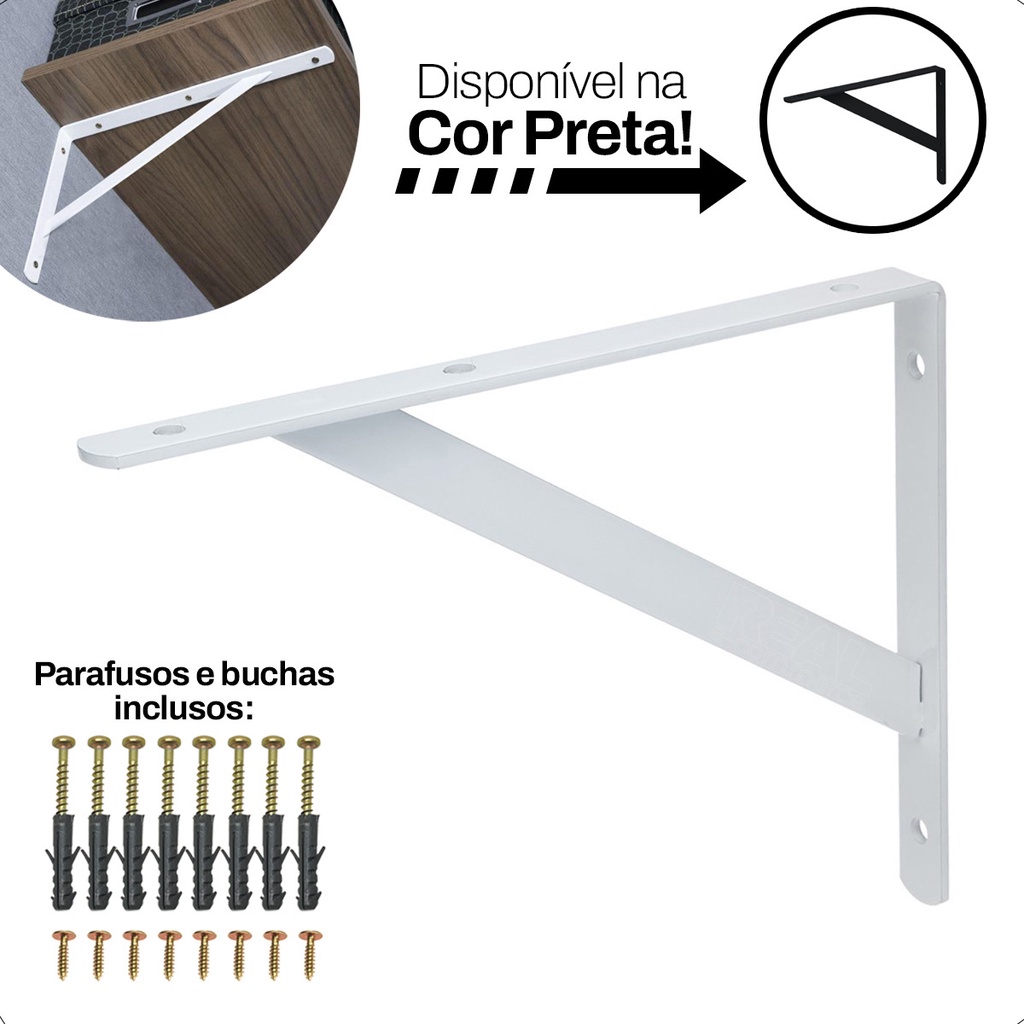 12x Suporte Mão Francesa 20cm Cantoneira Para Prateleira Branca e Preta Com Parafuso e Bucha Cantoneira
