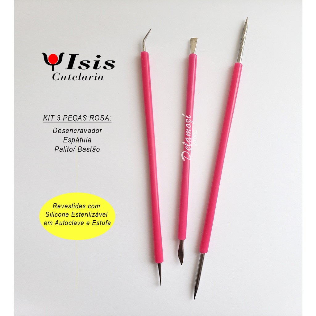 Isis Cutelaria Kit 3 peças Espátula + Palito/Bastão + Desencravador Cor Rosa