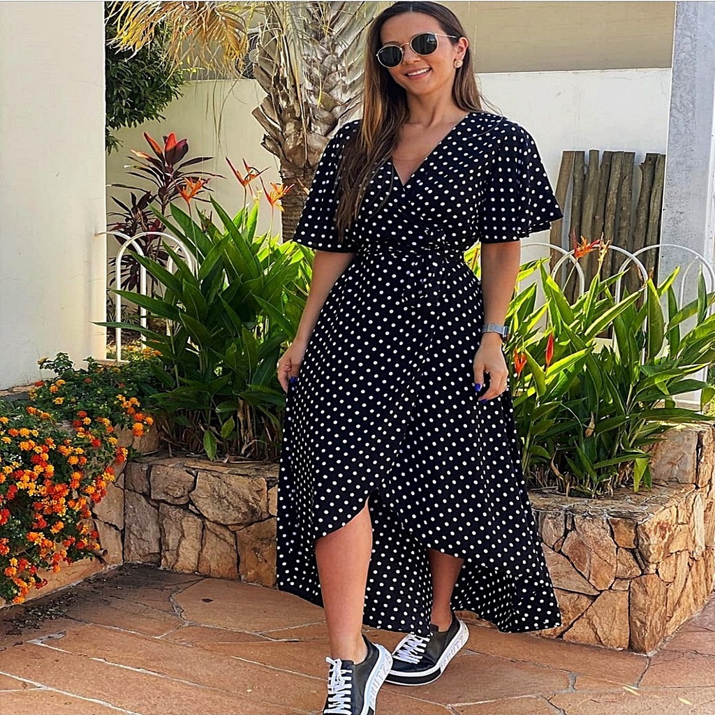 Vestido midi alongado Cruzado Envelope Transpassado moda envelope estampados e cor básica boho