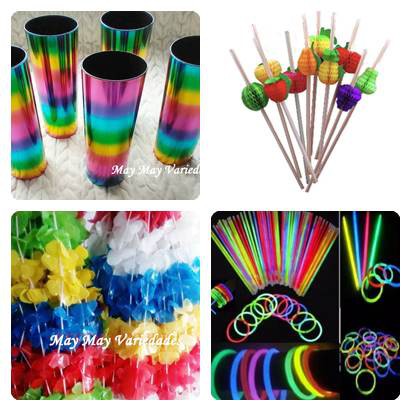 Kit com 80 Itens Colar Havaiano Copos Coloridos de Acrilico Pulseiras Neon e Canudos Tropical Festa Havaiano