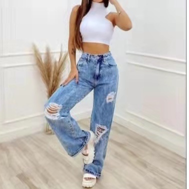 Calça Jeans Rasgada Feminina Pantalona Sem Lycra Wide Leg Calça Cintura Alta