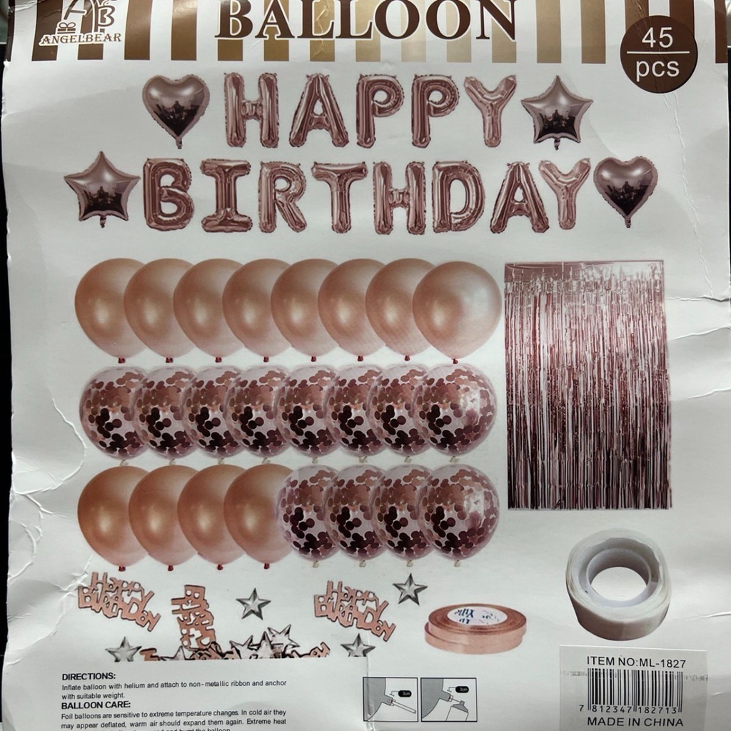 Kit Bexiga Balão Cortina Metalizado Happy Birthday Festa Decoração Aniversario 45pçs - Rosê Gold