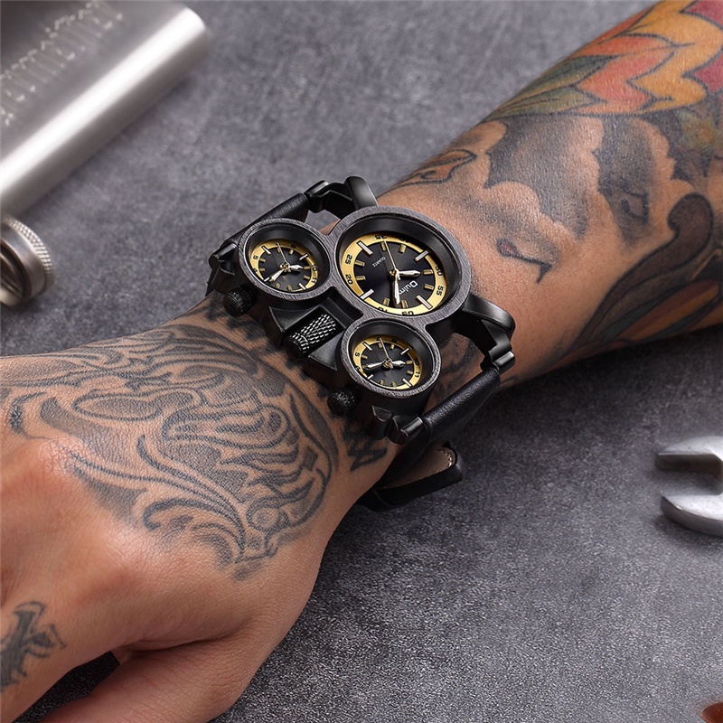 Relógio de pulso masculino masculino, relógio de quartzo, estilo punk Oulm 1167, novo, retrô, masculino, único, 3 fusos horários, quartzo, couro, militar
