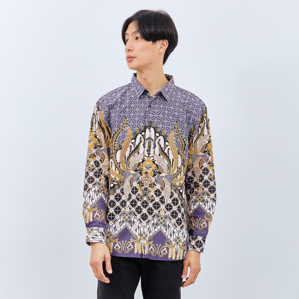 UNGU KEMEJA M231 Camisa Longa Batik Masculina Roxa 3008A