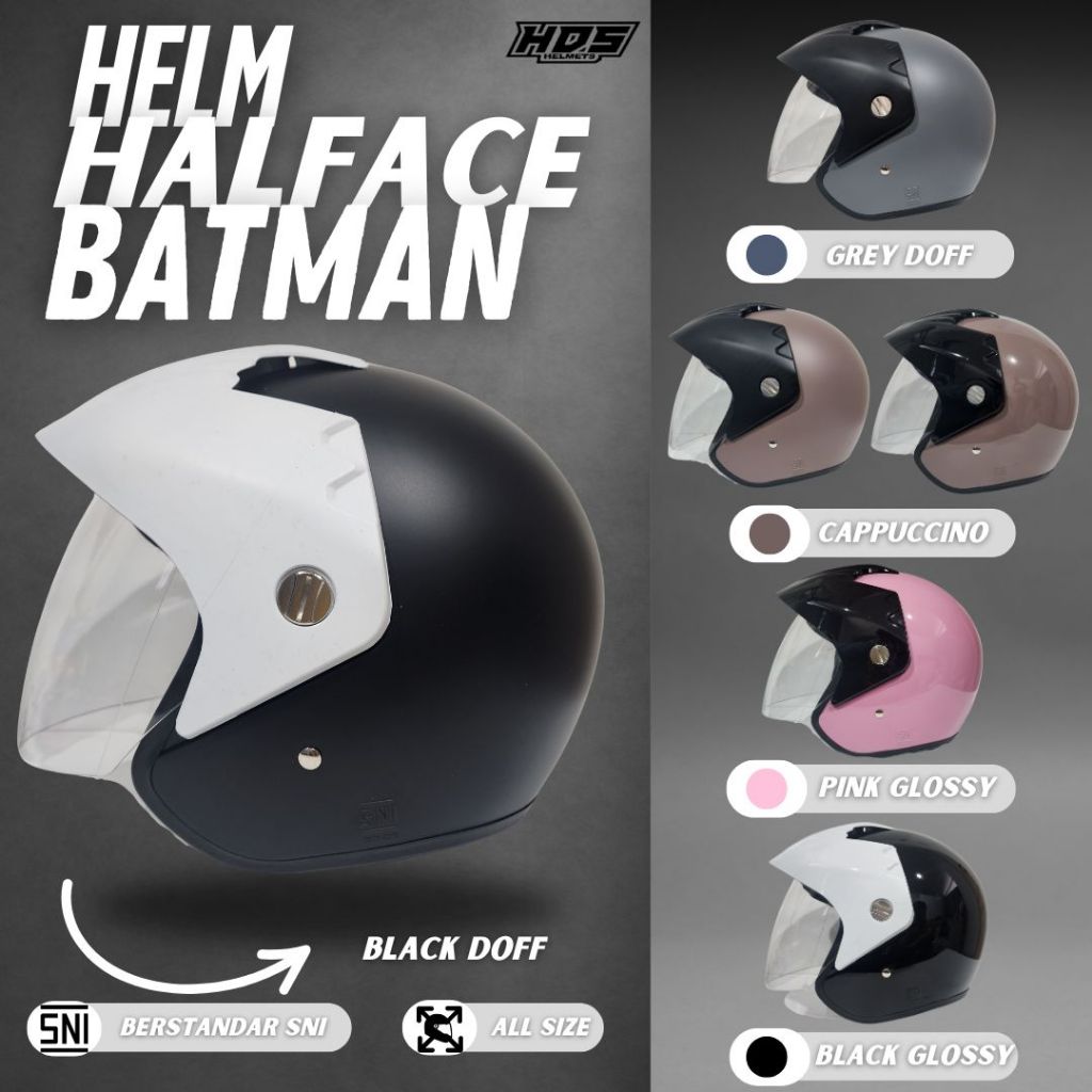 Capacete Adulto Meia Face HDS BATMAN BLACK DOF Premium CLEAR VISOR GLASS Para Homens E Mulheres SNI