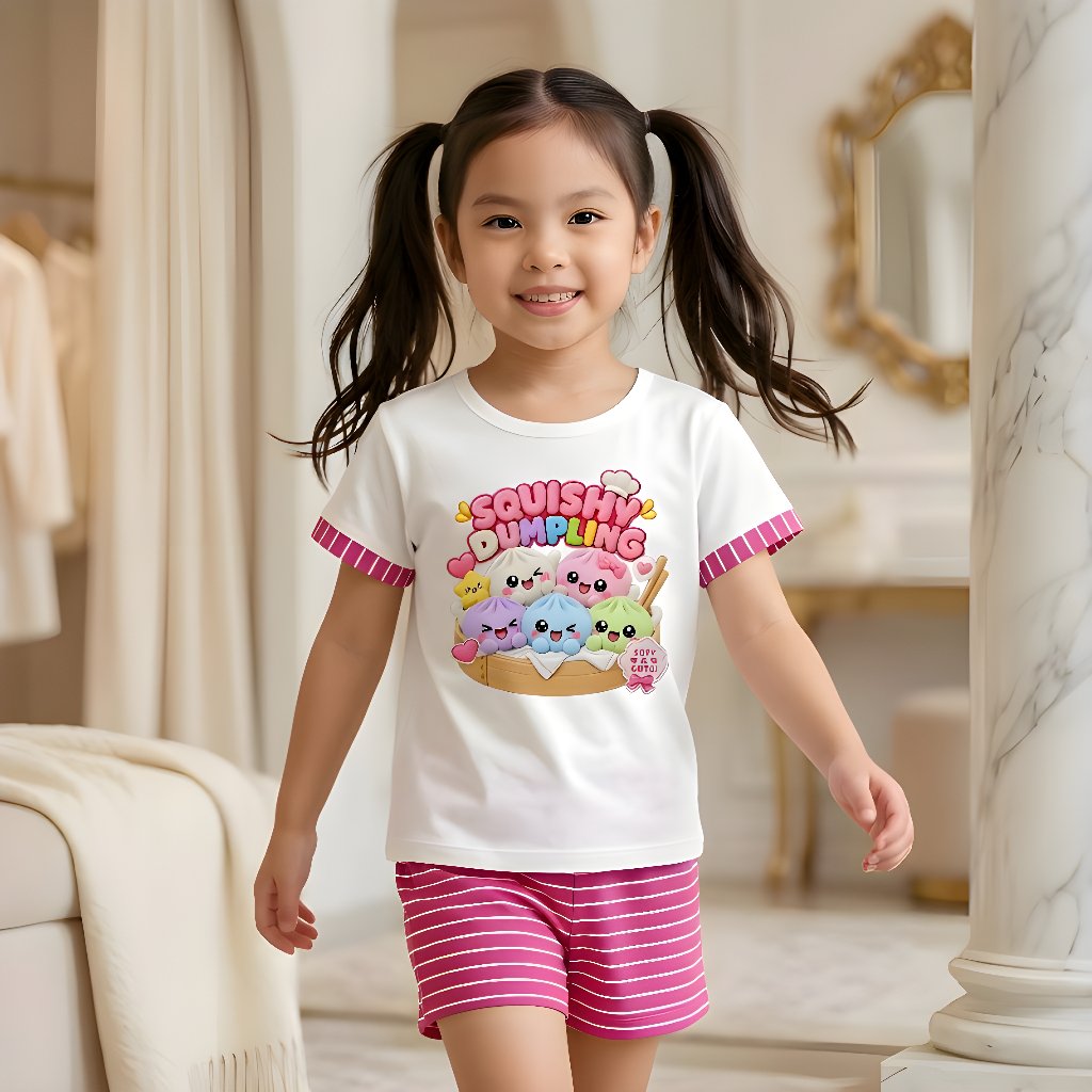 Conjunto De Camisetas Femininas Dumpling Squishy De 1 A 8 Anos , Calças Listradas