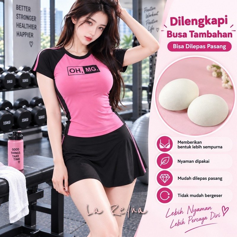 Lareyna Conjunto De Roupas Esportivas Femininas Para Academia , Ginástica , Saia Skort , Camiseta Rosa Preta BS014