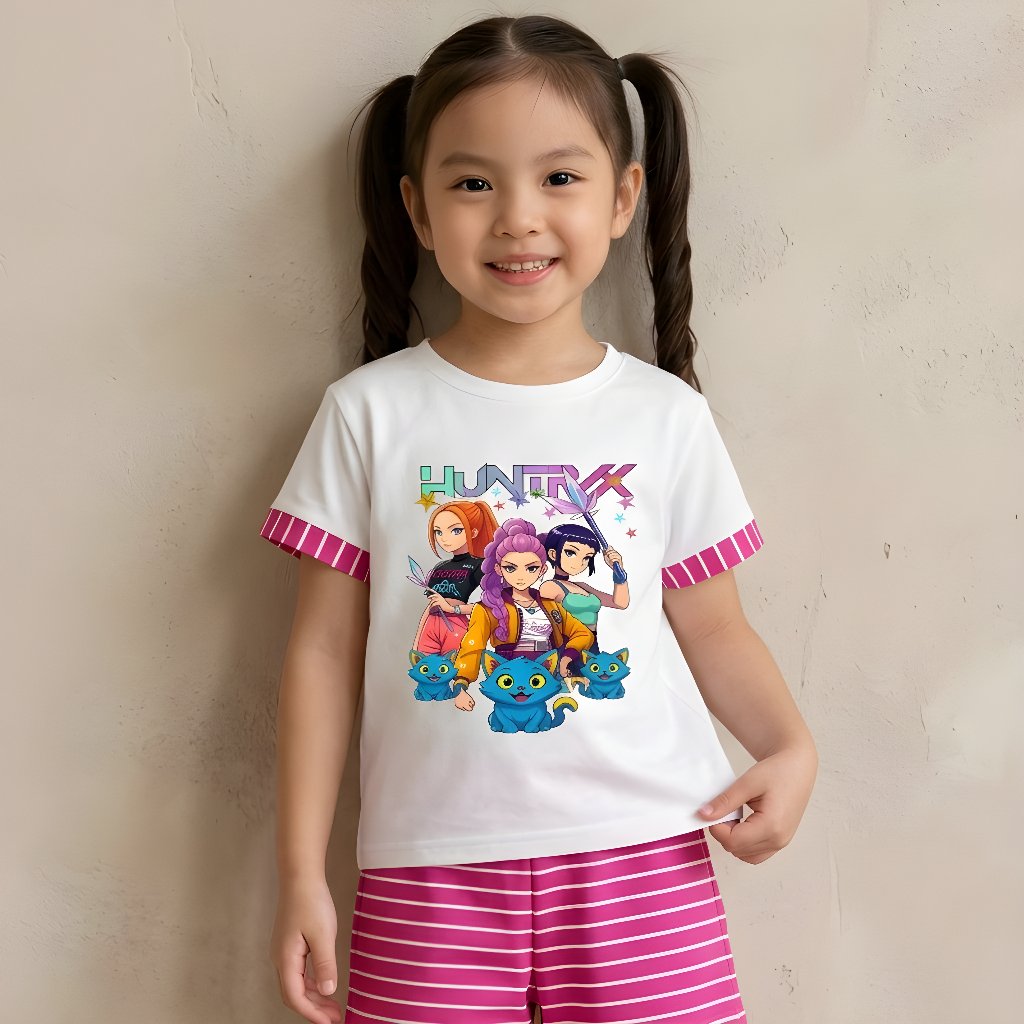 Conjunto De Camisetas Femininas Demon Huntrix De 1 A 8 Anos , Calças Listradas