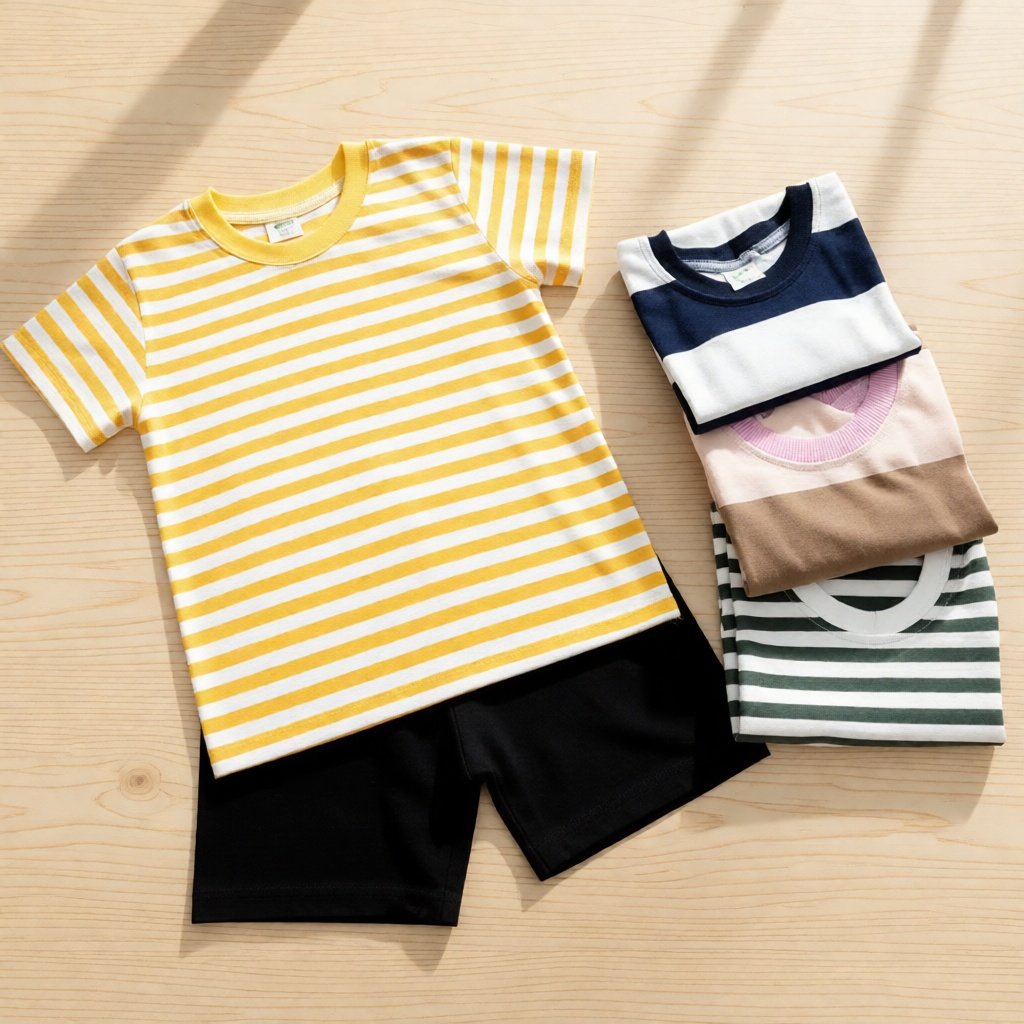 Conjunto De Camiseta E Calça De Manga Curta Para Meninos Com Motivo Listrado