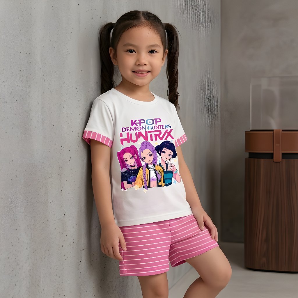 Conjunto De Camisetas Femininas Demon Huntrix De 1 A 8 Anos , Calças Listradas